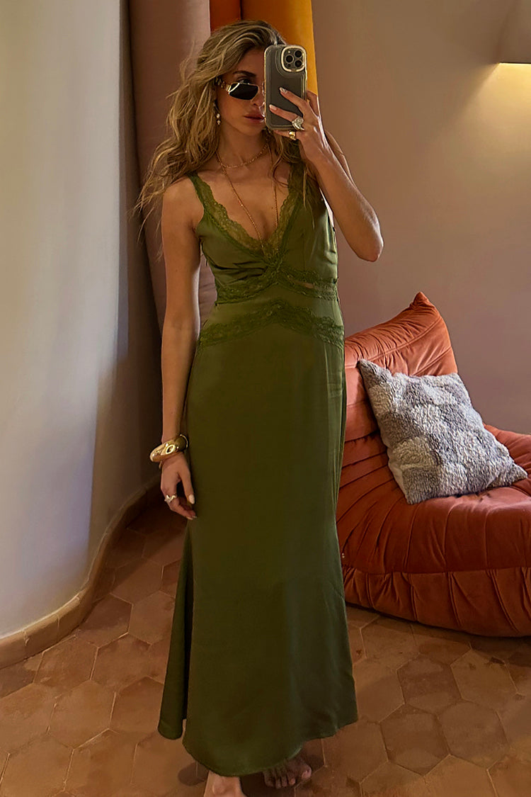 Olive Green Satin Lace Dress for Women | Gianna
