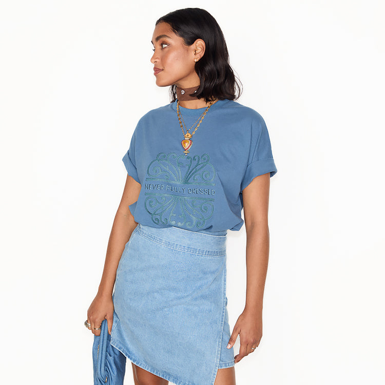 Washed Blue Cotton T-Shirt with Vegan Leather Logo | NFD