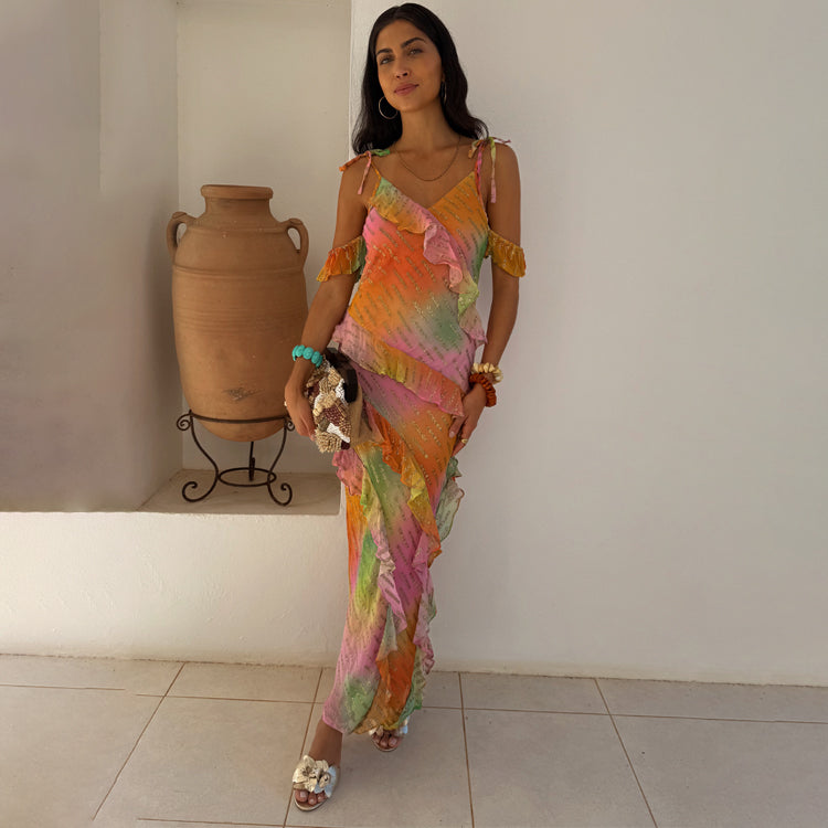 Ombre Jacquard Dress with Tiered Ruffles & Adjustable Straps | Faro