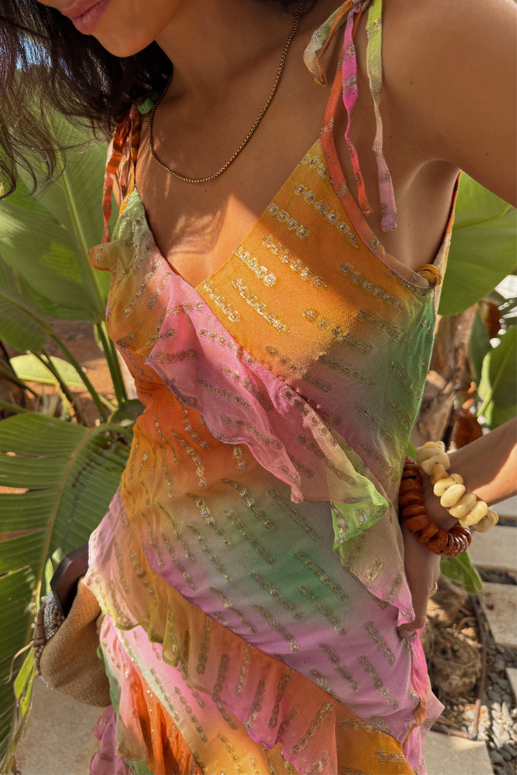 Ombre Jacquard Dress with Tiered Ruffles & Adjustable Straps | Faro