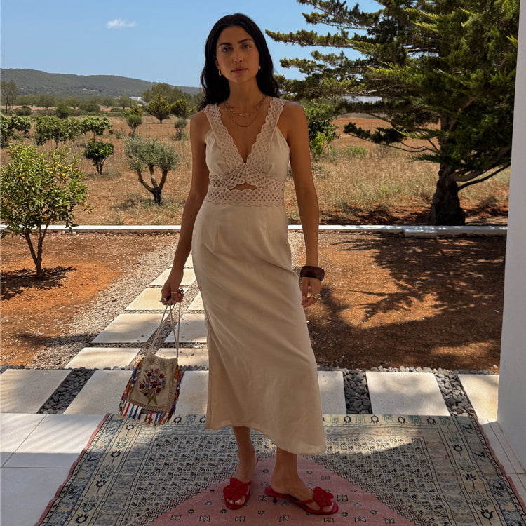 Linen Wedding Guest Dress with Lace Trim & Cut Outs | Stone Mimi