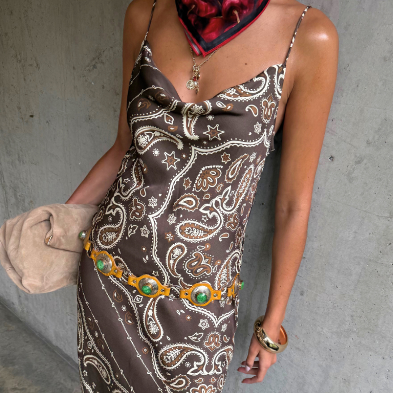 Brown Bandana Patti Dress with Black Lace Detailing | Adjustable Straps