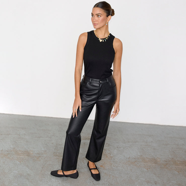 Black Vegan Leather Trousers for Women | High Waist Straight Leg Pants