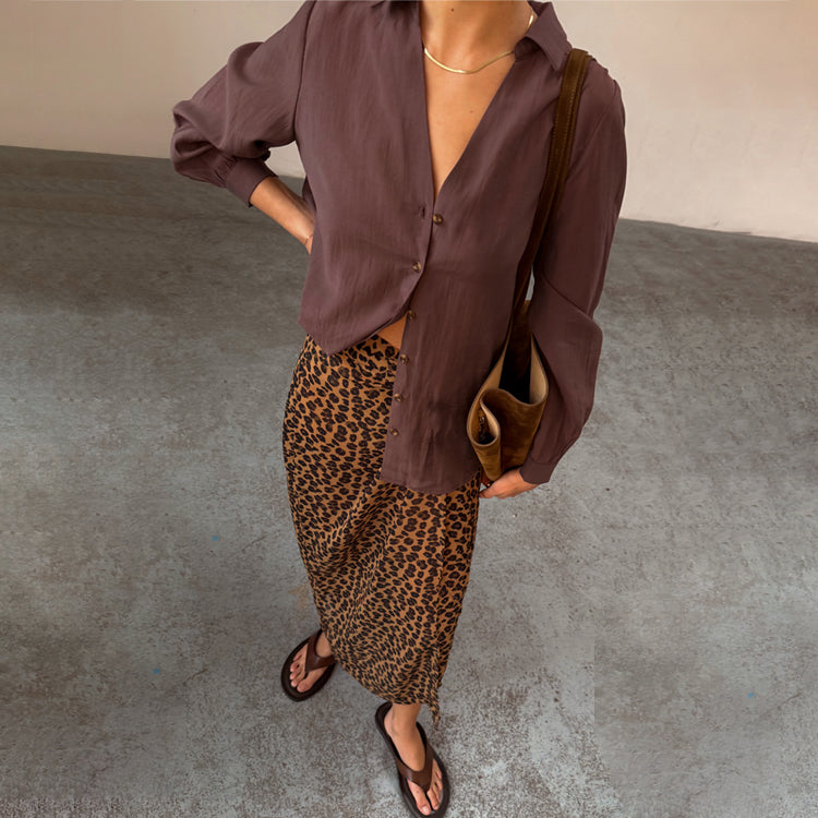 Chocolate Brown Blouson Shirt with Tortoise Buttons | Miley