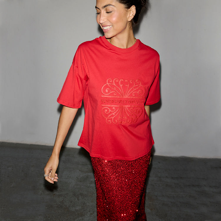 Cherry Red Vegan Leather Logo T-Shirt | NFD