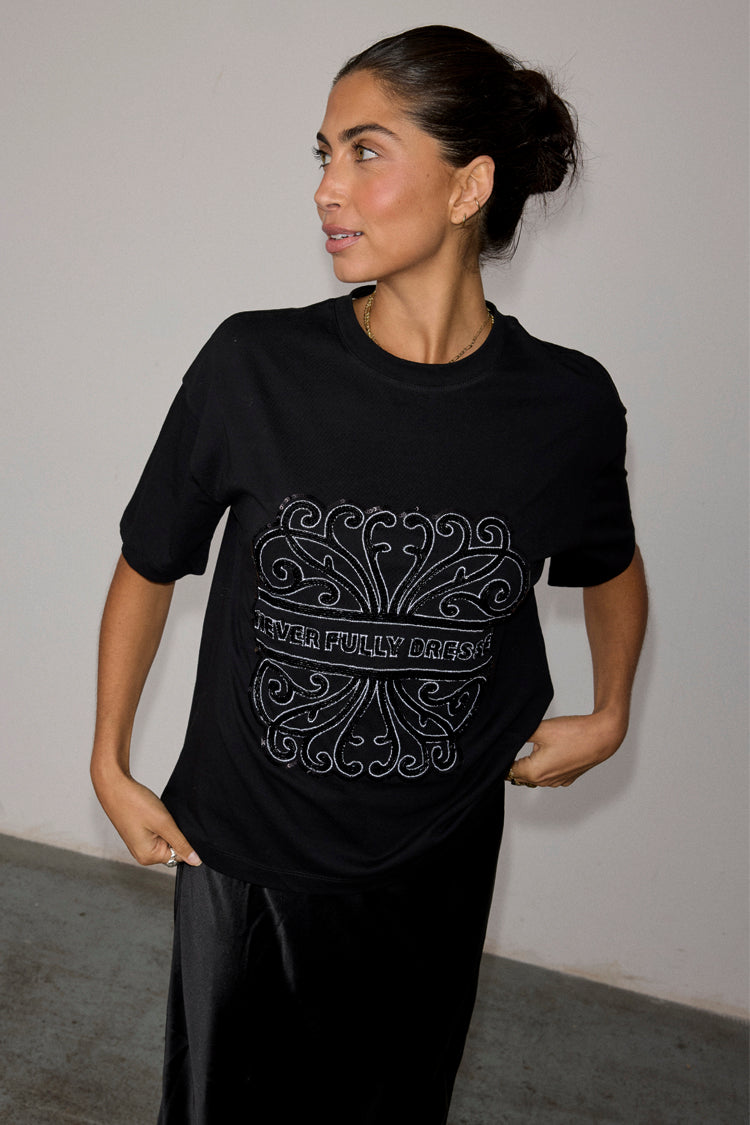 Black Beaded Logo T-shirt with Relaxed Fit | NFD