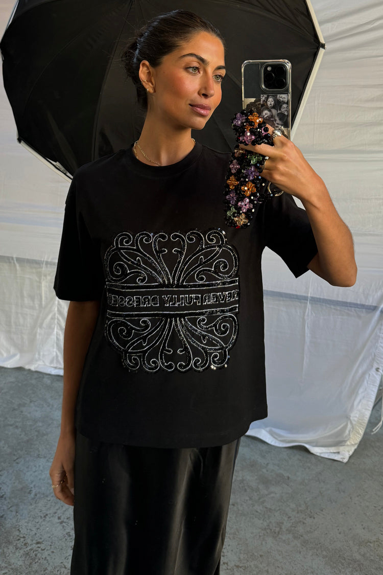 Black Beaded Logo T-shirt with Relaxed Fit | NFD