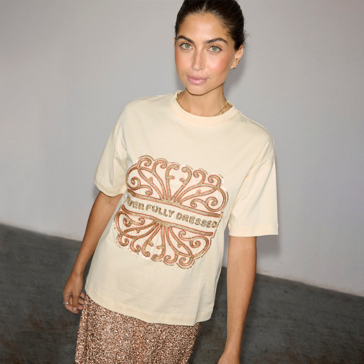 Cream Beaded Logo T-Shirt with Relaxed Fit | NFD