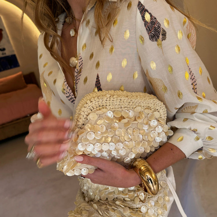 Sequin Embellished Shell Bag with Raffia Handles | NFD