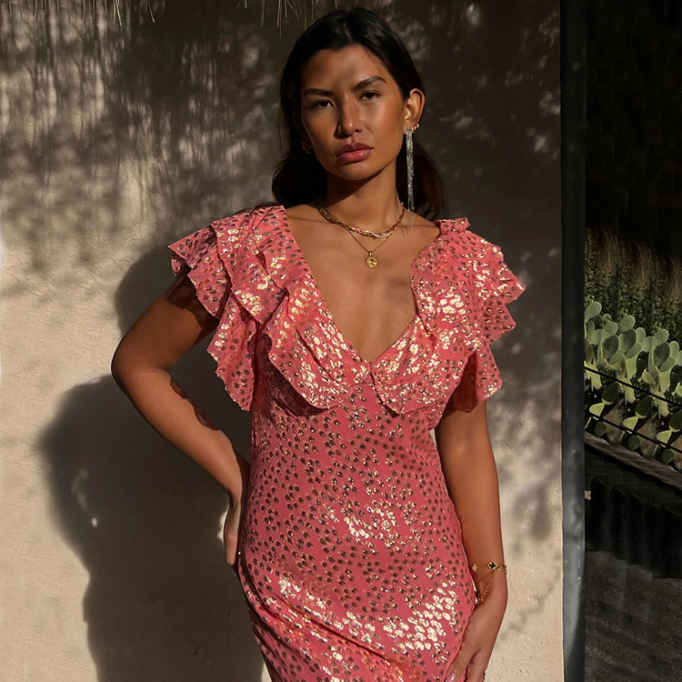Pink Jacquard Dress with Ruffled Neckline | Tilda Gold Fleck