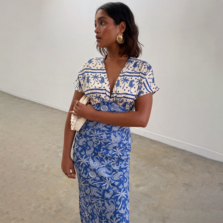 Blue Mosaic Print Elodie Dress for Wedding Guests | V-Neck & Flowy Fit