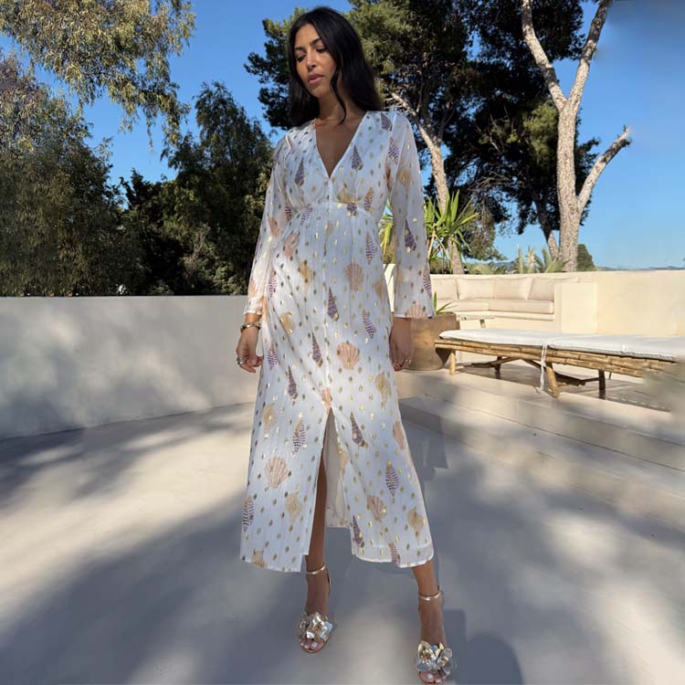 Gold Fleck Shell Print Summer Dress for Day to Night | Shells Angie