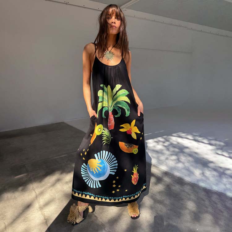 Black Rio Maxi Dress with Adjustable Straps | Tropical Print & Maternity Friendly