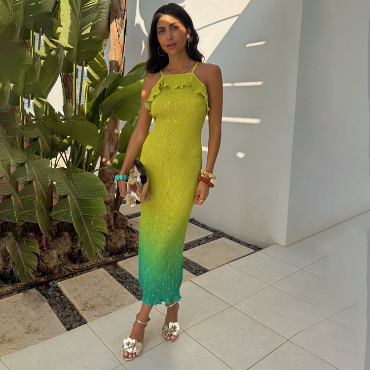 Lime Ombre Plisse Dress with Cold Shoulder & Tie Belt | Claudia