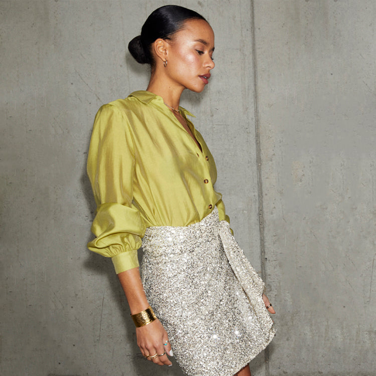 Lime Blouse Shirt with Blouson Sleeves & Embroidered Logo | Miley