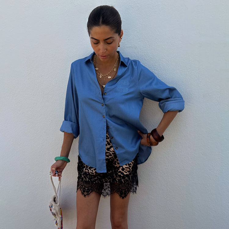 Chambray Button-Up Shirt with Blouson Sleeves & Embroidered Logo | Miley