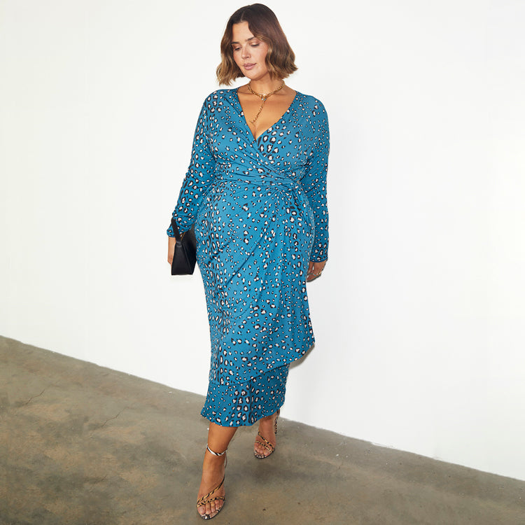 Reversible Teal Animal Print Wrap Dress for Women | Bump Friendly