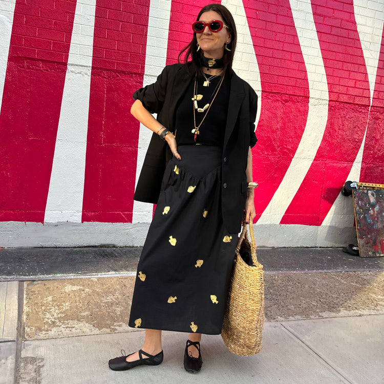 Black A-Line Skirt with Gold Fish Embellishments | Marra