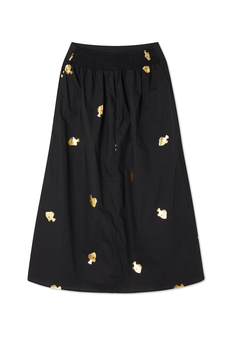 Black A-Line Skirt with Gold Fish Embellishments | Marra