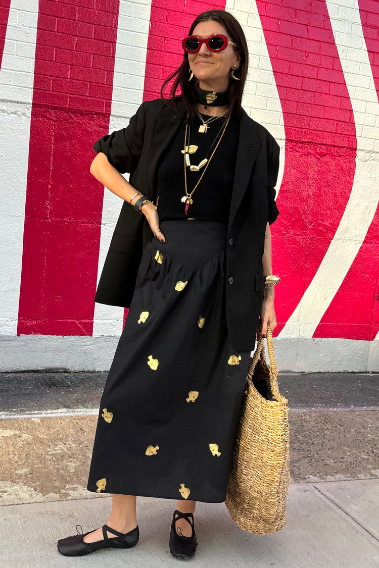 Black A-Line Skirt with Gold Fish Embellishments | Marra
