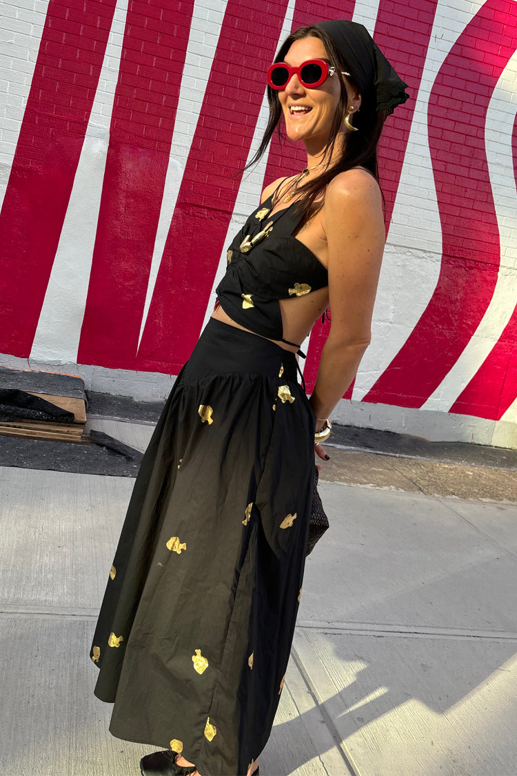 Black A-Line Skirt with Gold Fish Embellishments | Marra