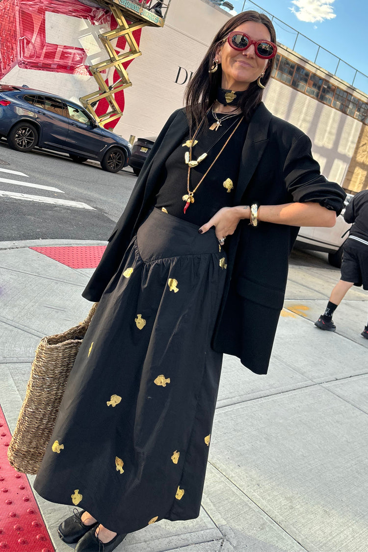 Black A-Line Skirt with Gold Fish Embellishments | Marra
