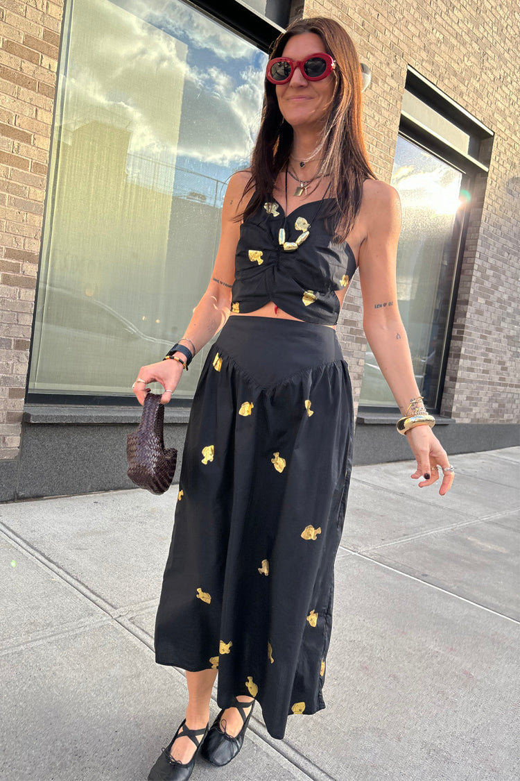 Black A-Line Skirt with Gold Fish Embellishments | Marra