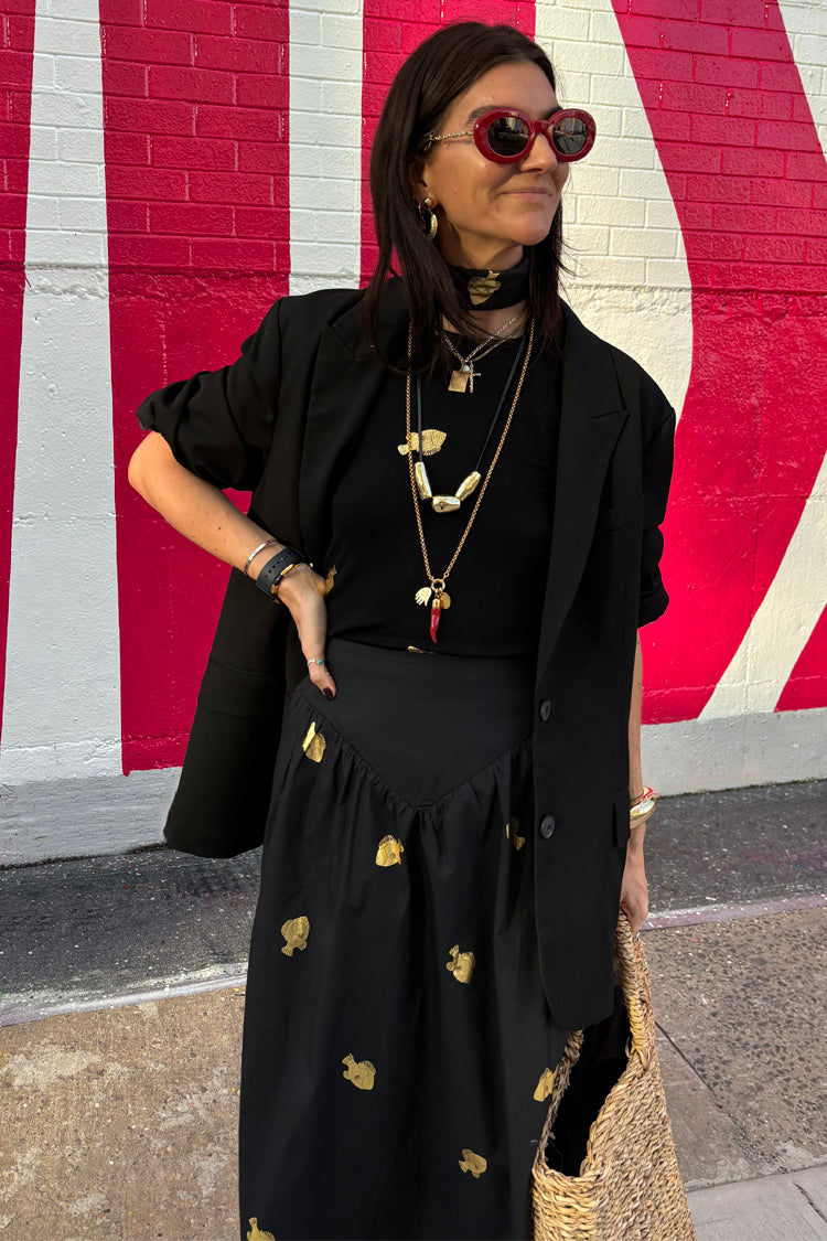 Black A-Line Skirt with Gold Fish Embellishments | Marra
