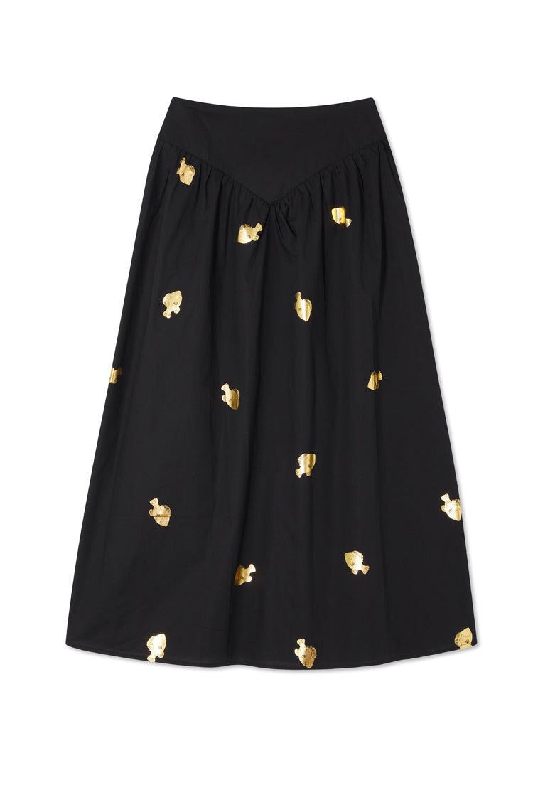 Black A-Line Skirt with Gold Fish Embellishments | Marra