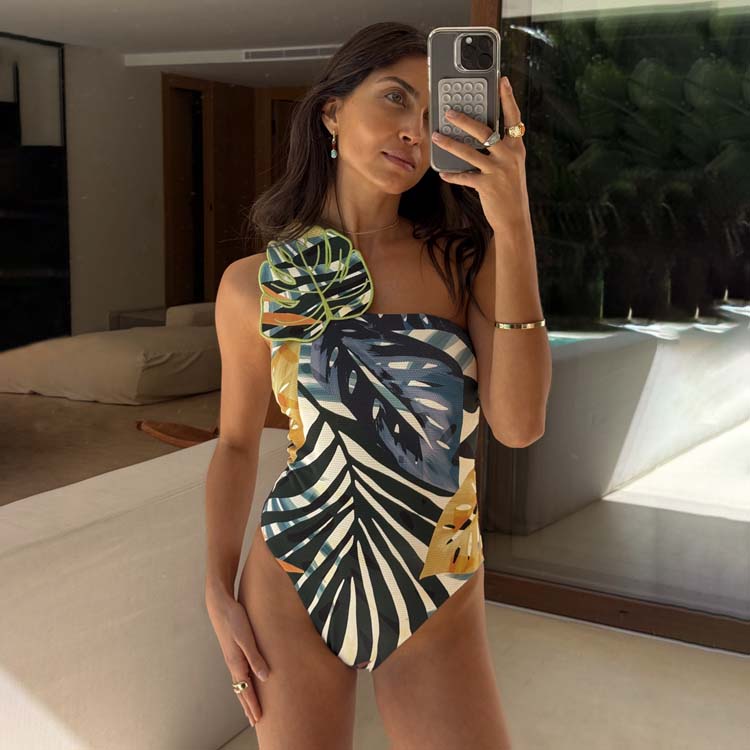 One Shoulder Swimsuit with Palm Leaf Print | Sustainable Swimwear