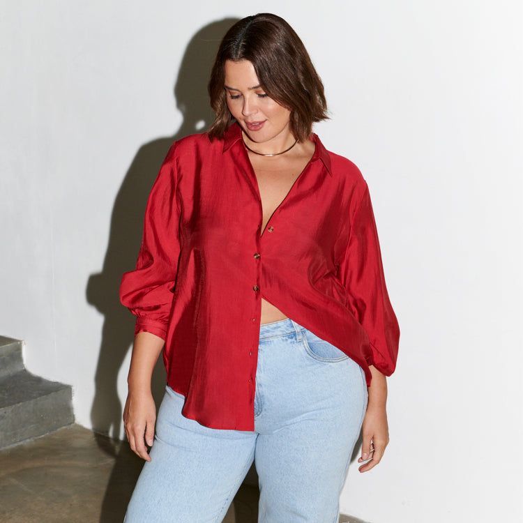 Red Oversized Button-Up Shirt with Embroidered Logo | Miley