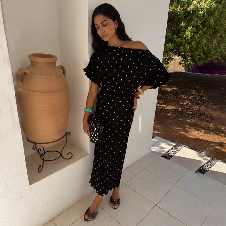 Black Plisse Dress with Gold Fleck - Off Shoulder & Elastic Waist | Tilly