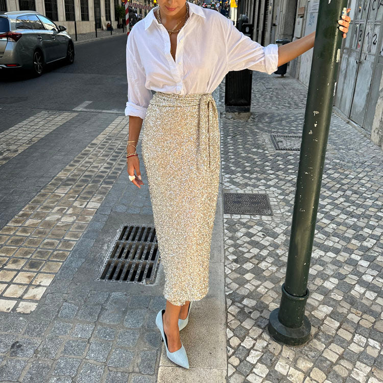 Silver Sequin Maxi Skirt with Wrap Waist | Jaspre