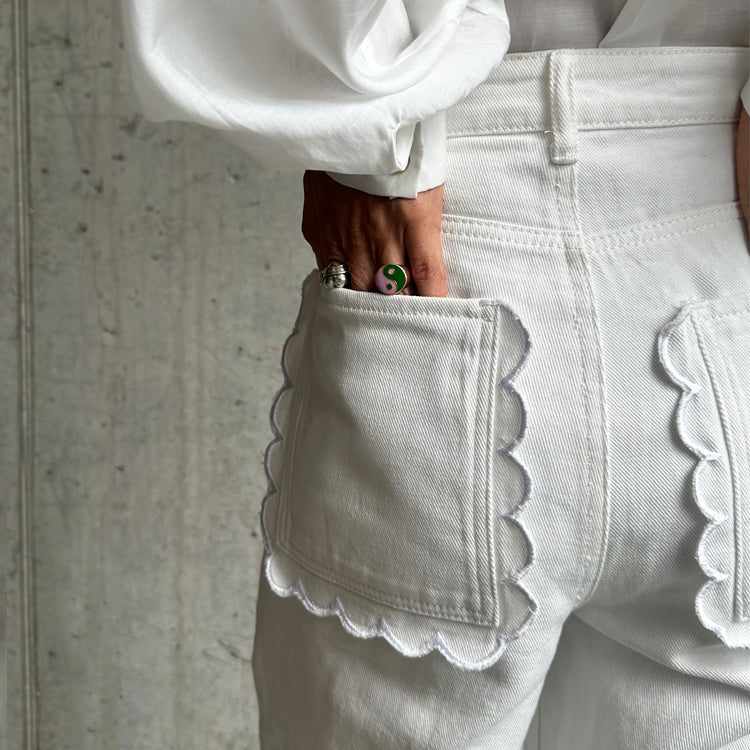 Ecru Wide Leg Jeans with Scalloped Pockets | NFD