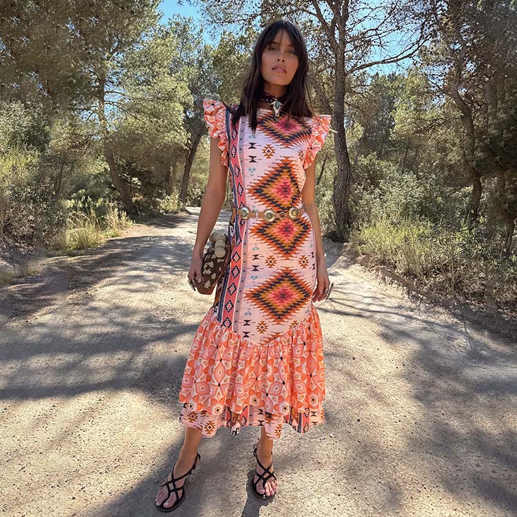 Floral Print Tiered Dress with Frilled Sleeves | Bridget Frida