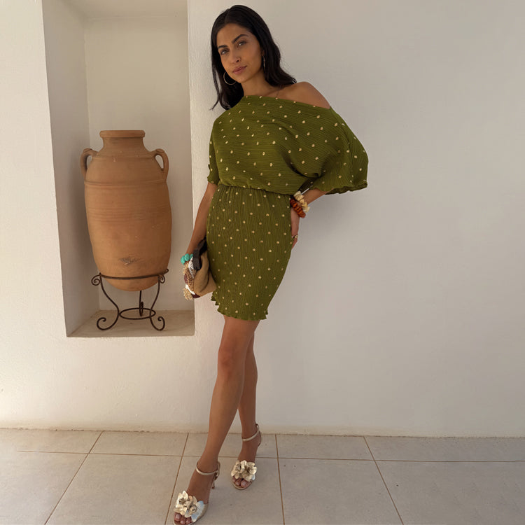 Khaki Plisse Mini Dress for Maternity & Nursing | Elastic Waist