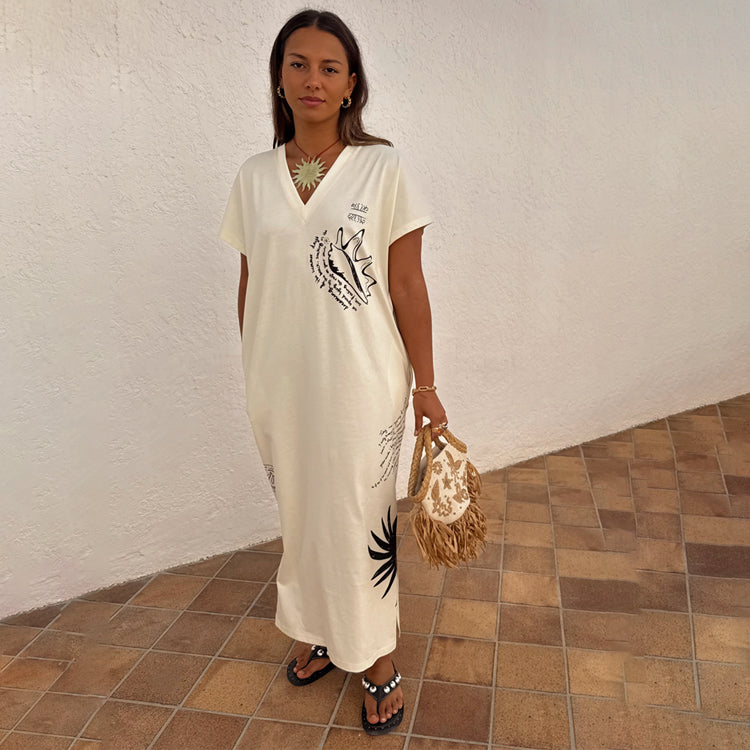 Cream Cotton T-Shirt Dress with Side Pockets | Palma