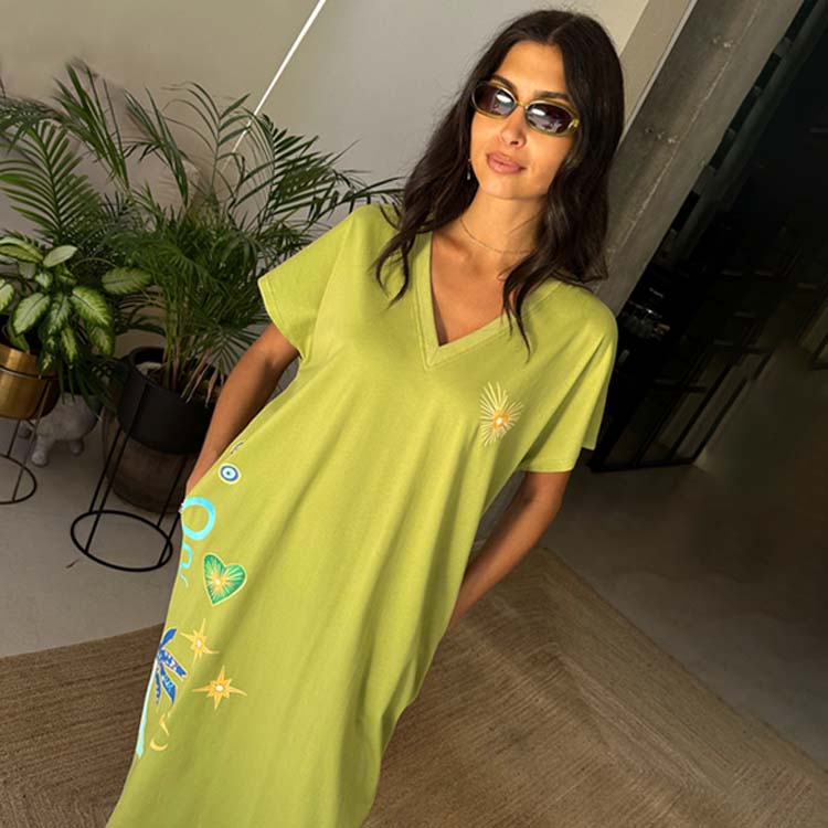 Olive Green Cotton T-Shirt Dress for Women | Pull On Maxi Dress