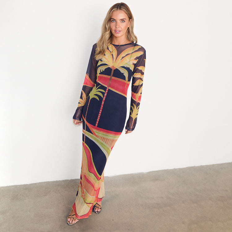 Blue Mesh Palm Print Dress with Detachable Slip | Flattering Fit