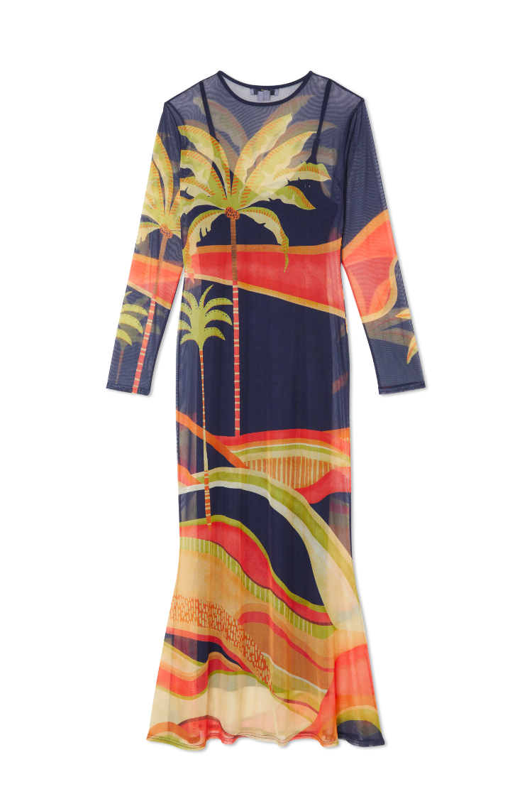 Blue Mesh Palm Print Dress with Detachable Slip | Flattering Fit