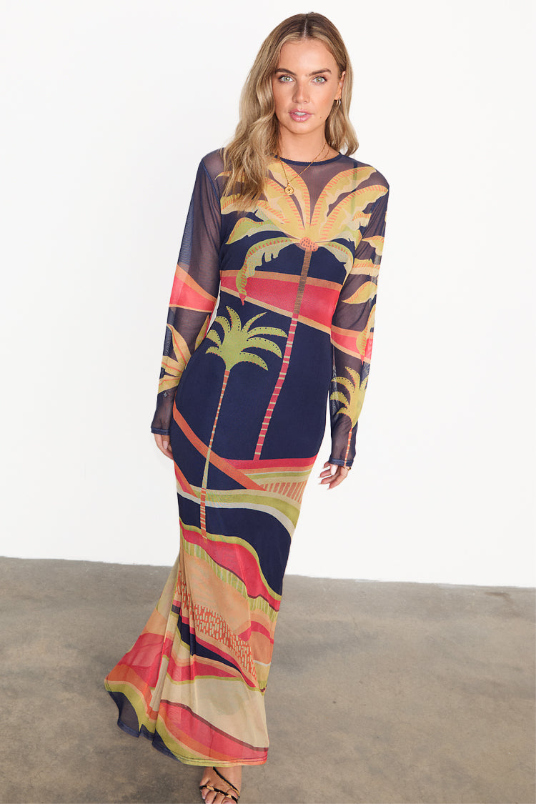 Blue Mesh Palm Print Dress with Detachable Slip | Flattering Fit