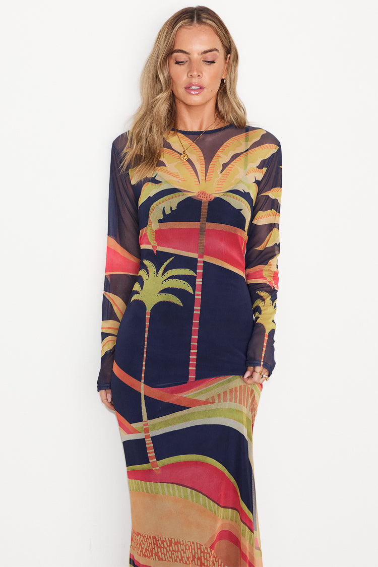 Blue Mesh Palm Print Dress with Detachable Slip | Flattering Fit