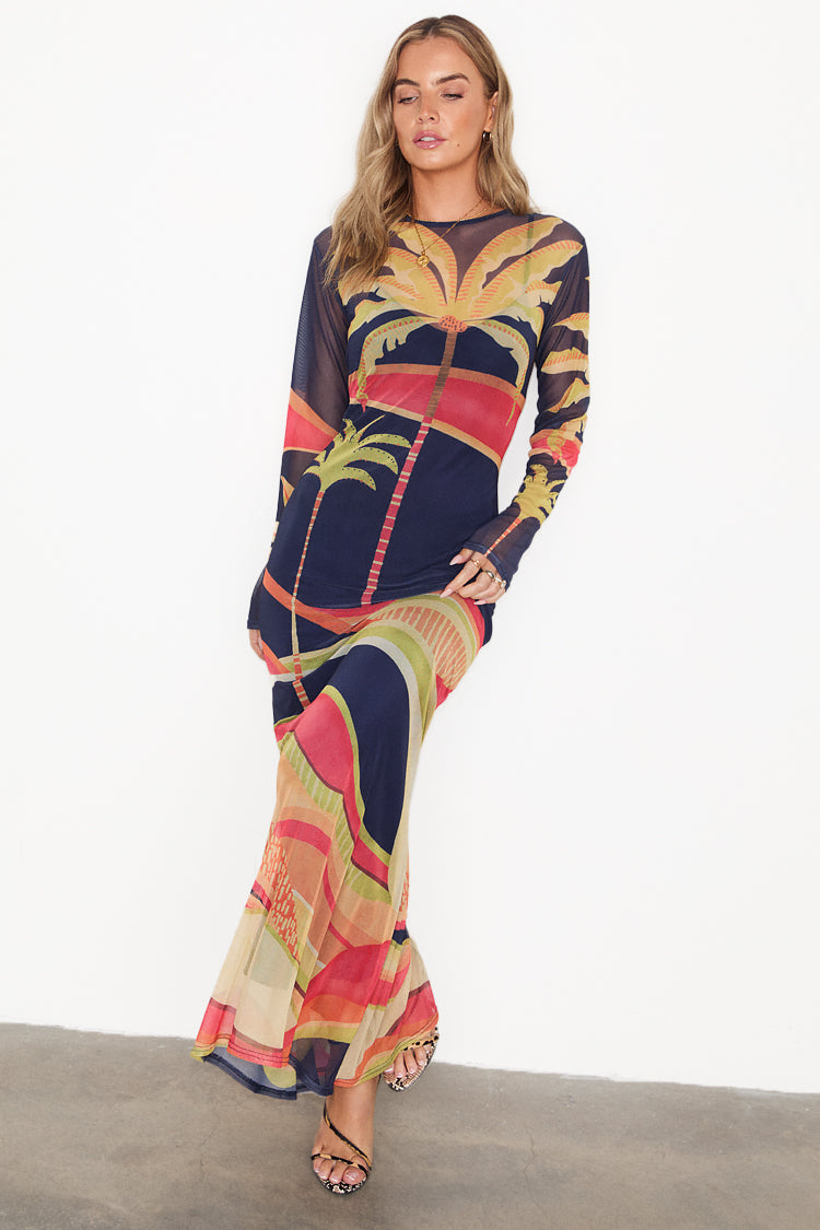 Blue Mesh Palm Print Dress with Detachable Slip | Flattering Fit