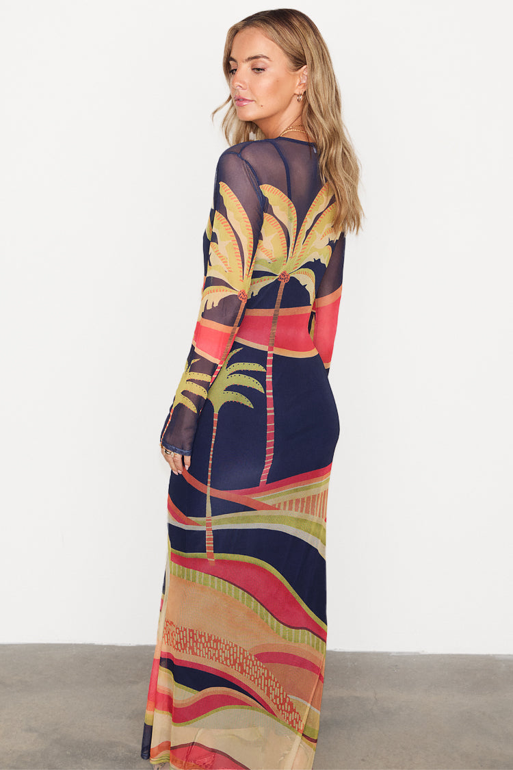 Blue Mesh Palm Print Dress with Detachable Slip | Flattering Fit