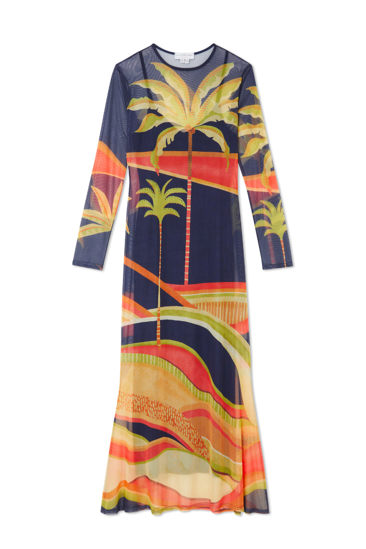 Blue Mesh Palm Print Dress with Detachable Slip | Flattering Fit