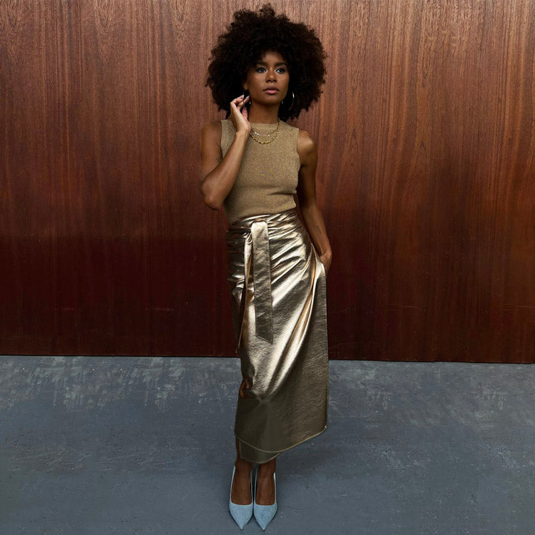 Gold Vegan Leather Wrap Skirt for Women | Jaspre Metallic Midi