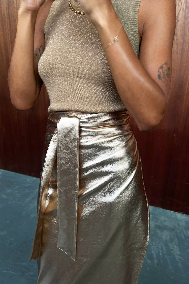 Gold Vegan Leather Wrap Skirt for Women | Jaspre Metallic Midi