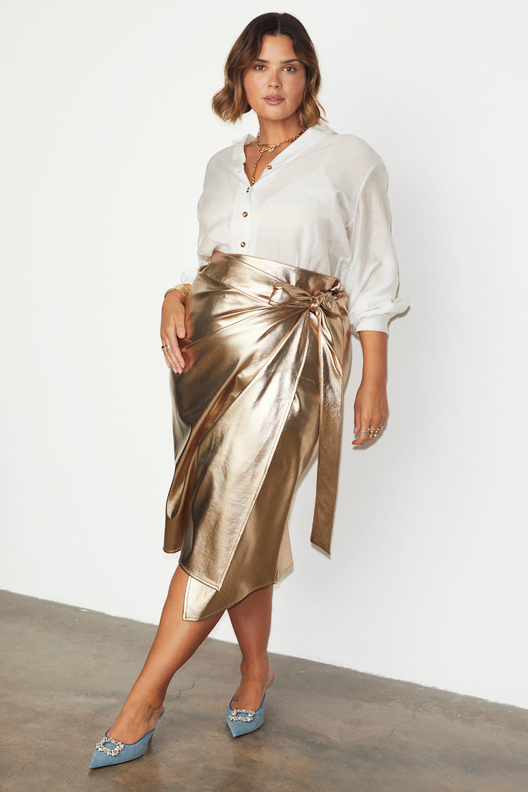 Gold Vegan Leather Wrap Skirt for Women | Jaspre Metallic Midi
