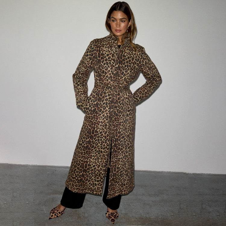 Leopard Print Denim Jacket for Women with Detachable Waist Tie | Lucia Petite Coat