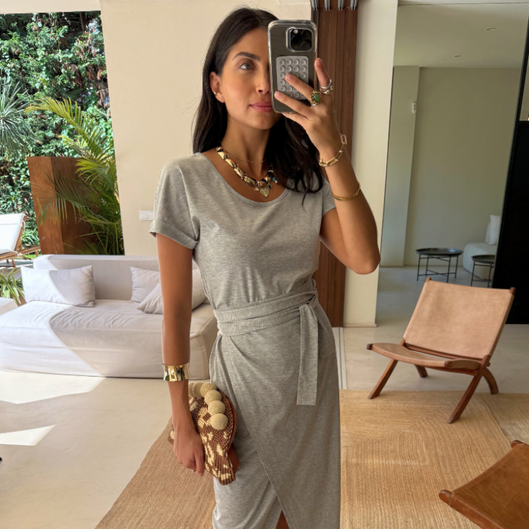 Grey Wrap Dress with Adjustable Tie | Jesse Jersey Casual Style